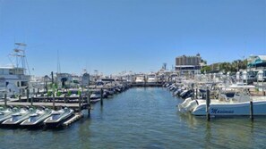 A marina with boats docked along the water, a clear sky, and buildings in the background. - Seascape #1101 Newly Renovated Beach Service Included 2 Chairs and Umbrella (DESTIN)