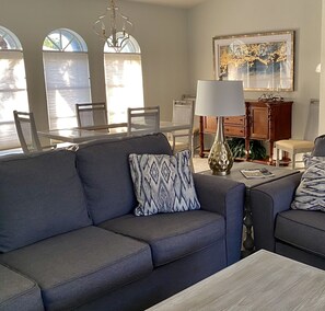 Smart TV, fireplace, DVD player, books