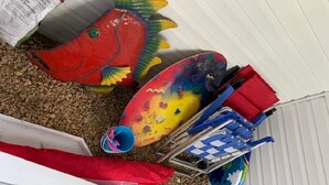 Un espacio de almacenamiento con varios objetos, incluyendo un pez rojo, un objeto azul y amarillo, y una silla roja y azul.