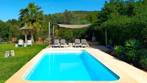 Ein rechteckiger Swimmingpool mit Liegestühlen und einer Grillanlage.