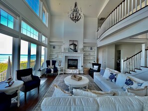 Smart TV, fireplace, books