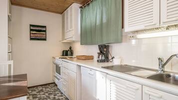 Fridge, microwave, dishwasher, cookware/dishes/utensils