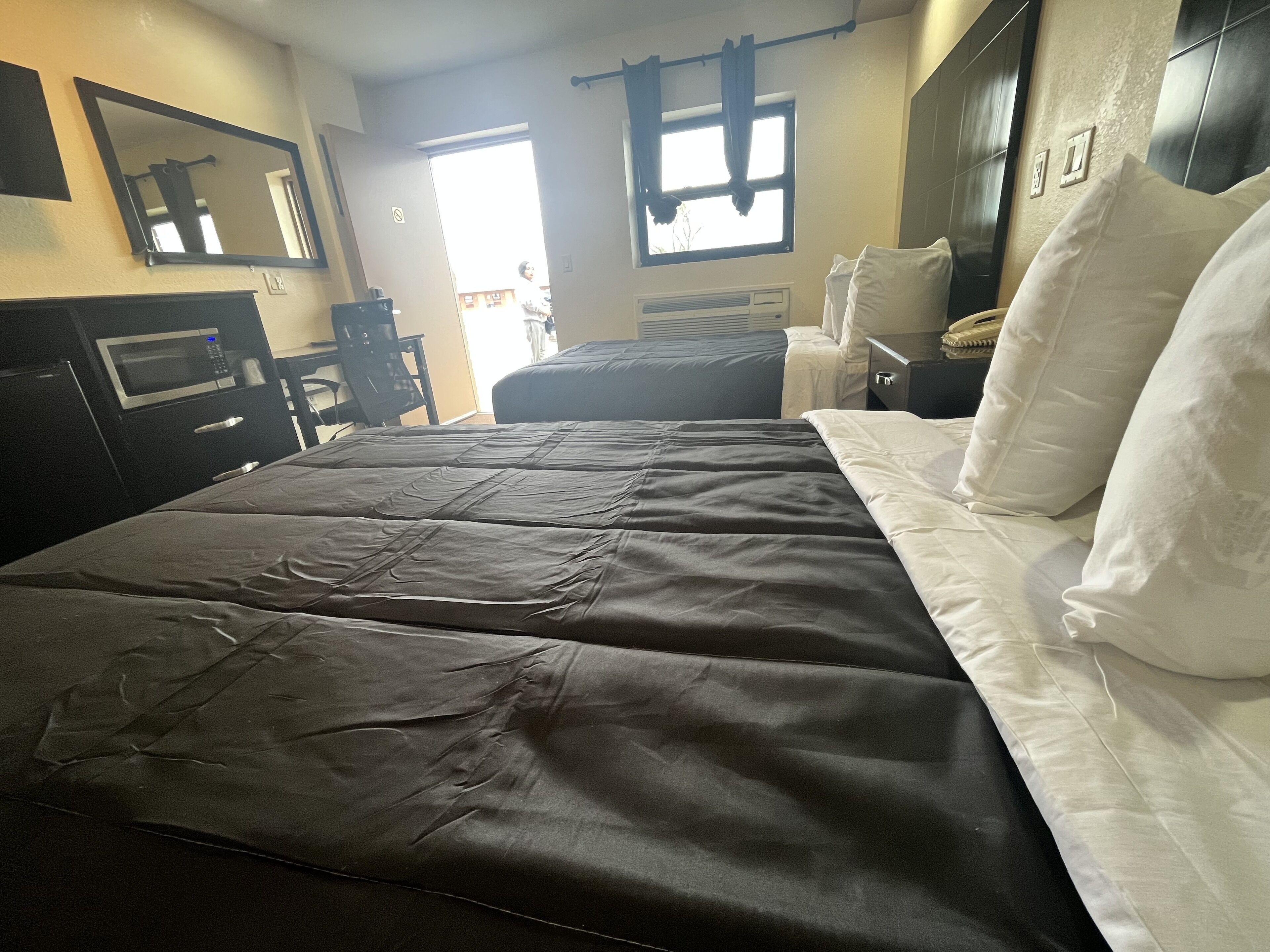 A hotel room with a large bed, a desk, a chair, a microwave, and a window.