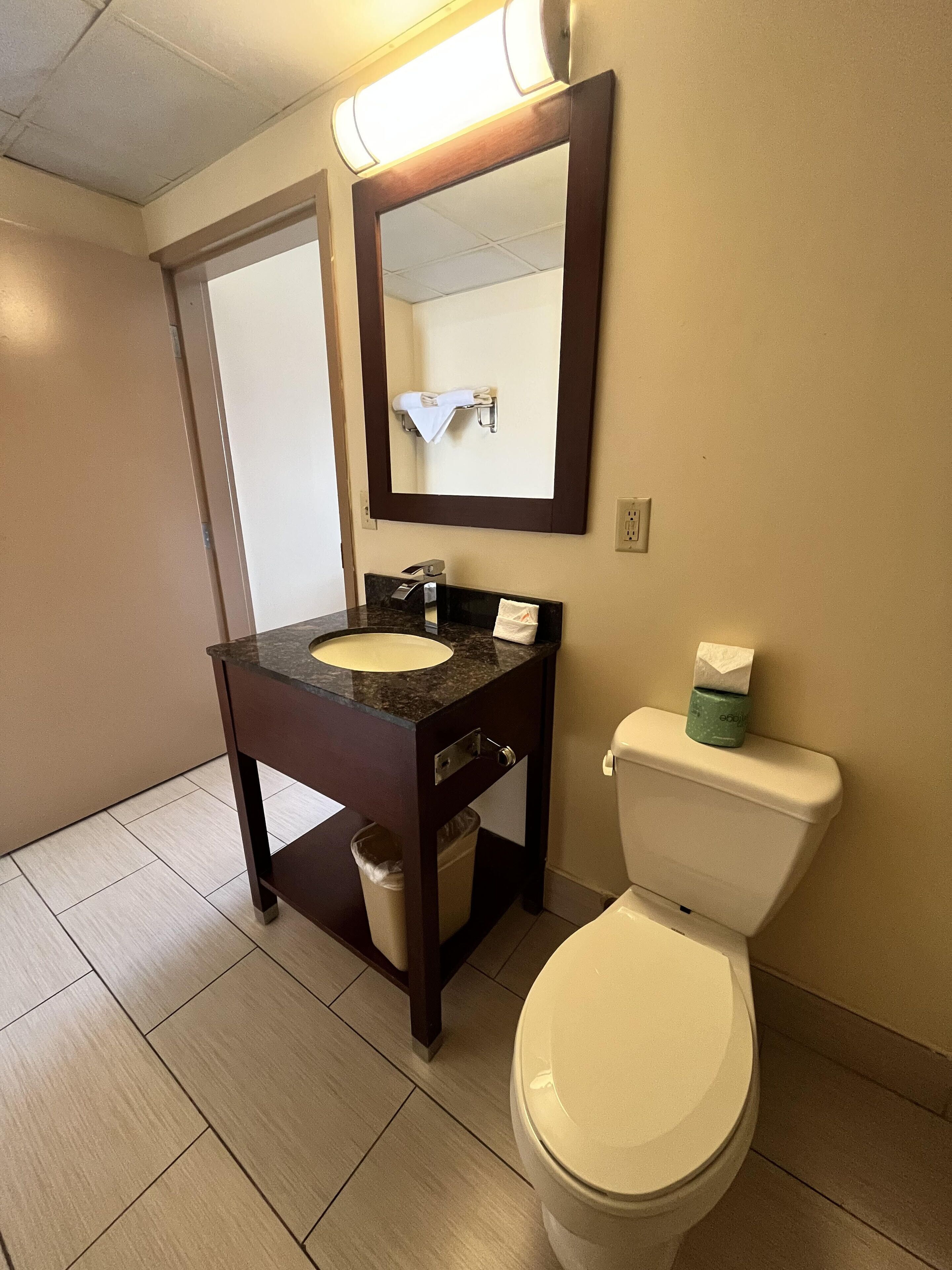 A bathroom with a sink, mirror, toilet, and trash bin.