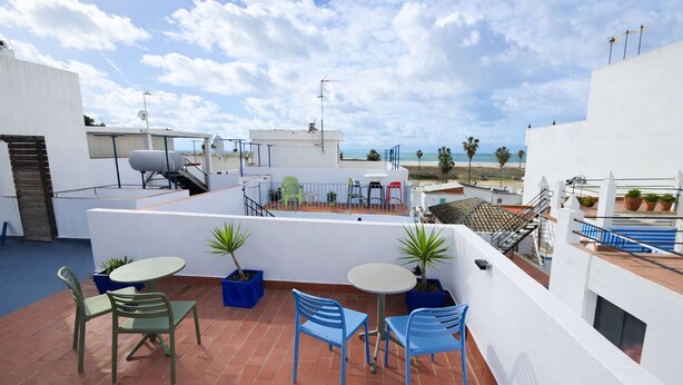 Eine Dachterrasse mit Sitzgelegenheiten im Freien, Blumentöpfen und Blick auf den Strand.