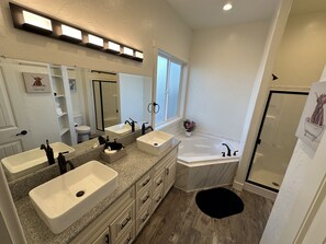 Combined shower/tub, hair dryer, bidet, towels