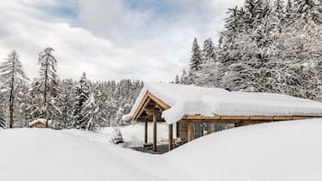 Una baita di legno con tetto innevato, circondata da alberi carichi di neve e un cielo sereno.