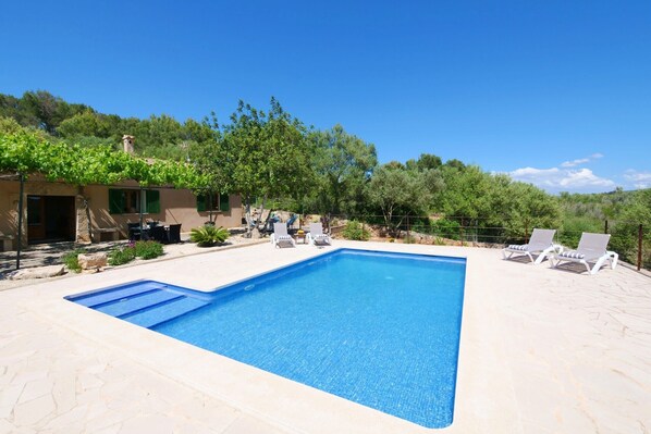 A rectangular swimming pool with lounge chairs, a patio area, and a building with a chimney.