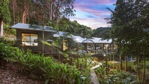 A modern house with a large glass window, surrounded by lush greenery and a pathway leading to a pool. - 2 x queen bedrooms, 2 x ensuite's, 1 guest lounge, outdoor bbq kitchen and pool. (Currumbin Valley)
