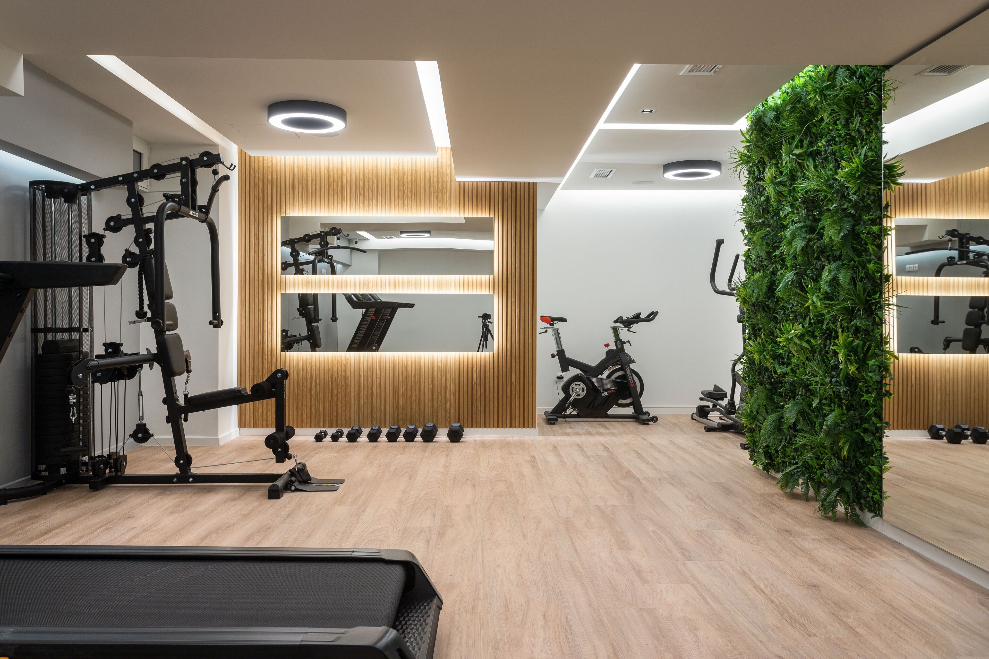 Ein modernes Fitnessstudio mit Trainingsgeräten, Laufband und einem an der Wand befestigten Spiegel.