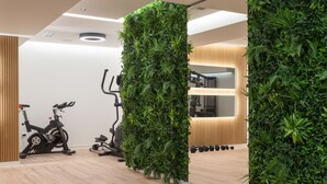 A gym with exercise equipment, wooden flooring, and green vertical gardens. - LUX&EASY Athens Downtown Apartments (Athens)