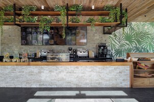 Una cocina con pared de ladrillo, encimera de madera, plantas colgantes y una máquina de café.