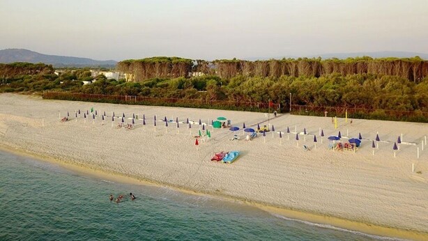 Una playa con sombrillas y tumbonas, una red de voleibol y algunas personas en el agua.
