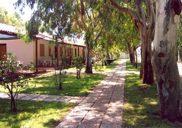 Un sendero bordeado de árboles y un edificio con tejado de baldosas.