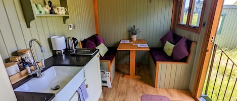 Fridge, microwave, stovetop, electric kettle