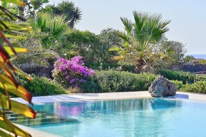 A clear blue pool surrounded by lush greenery and a large rock.