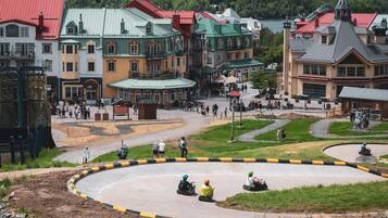 A roller coaster track with a loop, surrounded by buildings with green and red roofs.