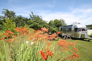 Una caravana estacionada en un césped, con una mesa y sillas para comer, rodeada de abundante vegetación y plantas en flor.