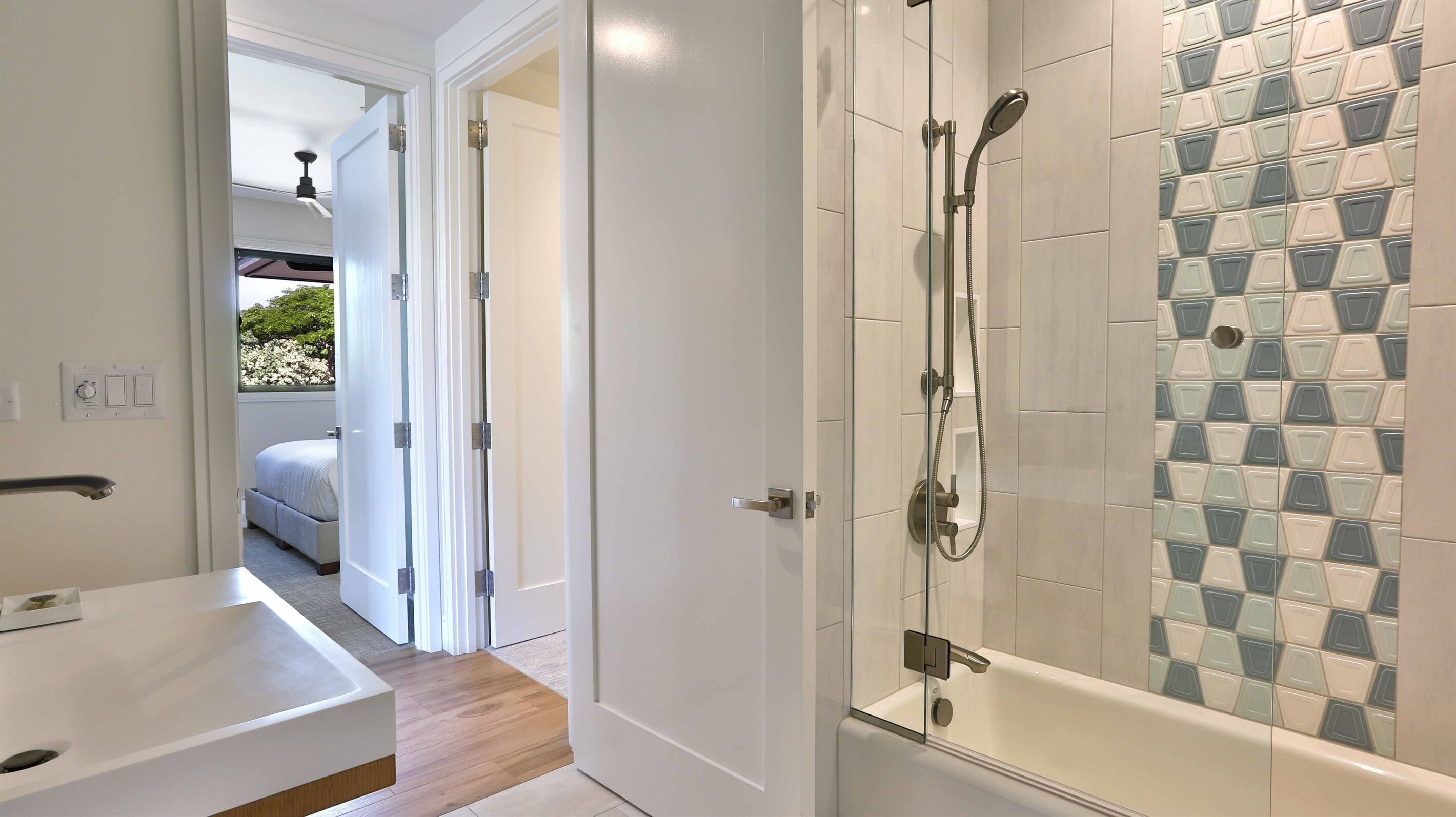 Combined shower/tub, hair dryer, towels, soap