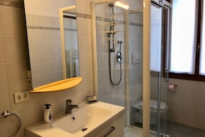 Shower, hair dryer, bidet, towels