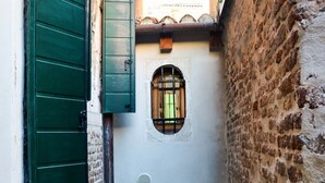 A narrow alleyway with a green door and a window with bars. - Ca'Marin-Canal view and private patio (Venezia)