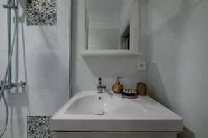 Combined shower/tub, hair dryer, bidet, towels