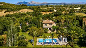 Une maison avec une piscine, entourée d’une végétation luxuriante et de palmiers.