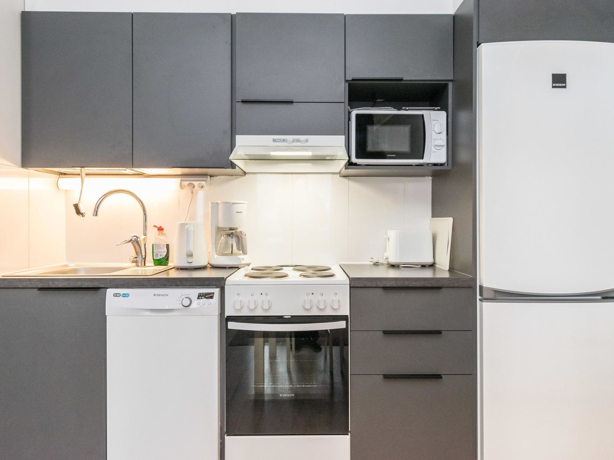 Fridge, microwave, dishwasher, cookware/dishes/utensils