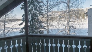 A view from a covered porch with a metal railing, overlooking a snowy landscape with trees and a clear sky.