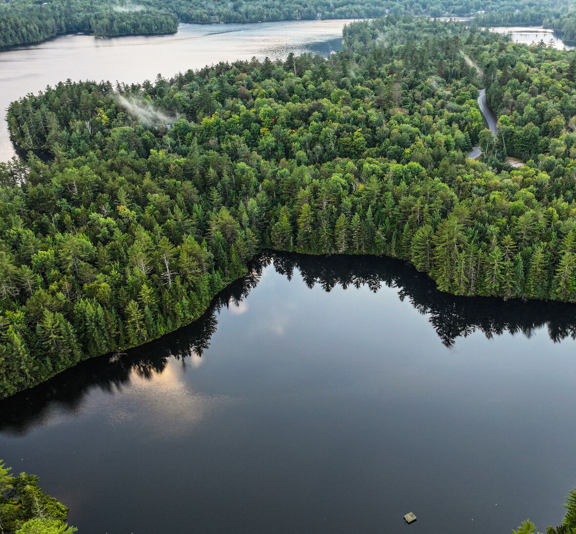 Luftaufnahme eines bewaldeten Gebiets mit einem See, umgeben von dichtem Baumbestand und einer kurvenreichen Straße.