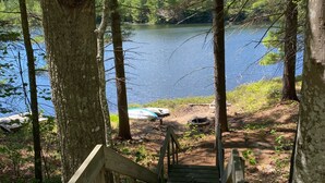 Una scala di legno che conduce a un molo su un lago, circondato da alberi.