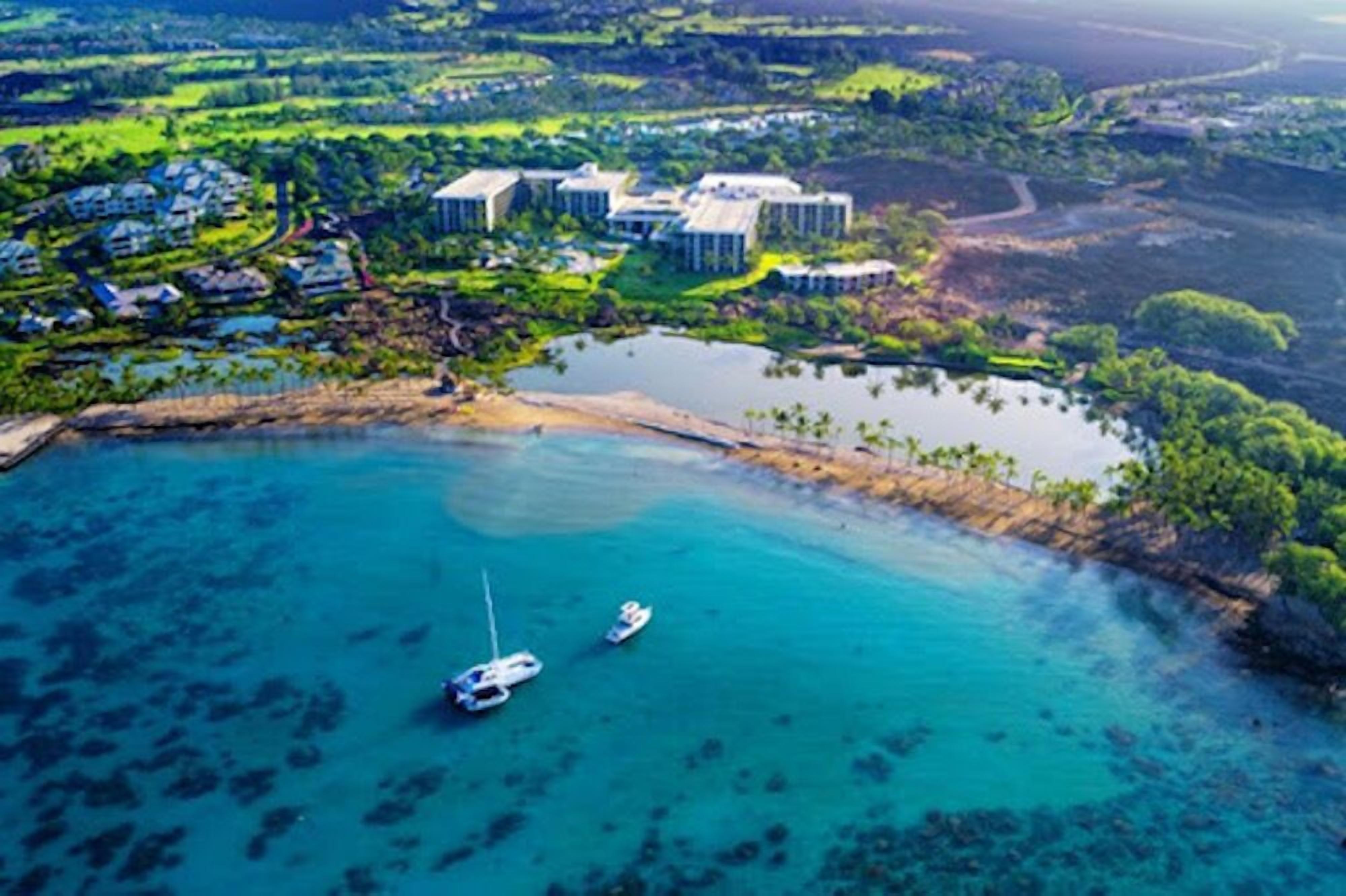 An aerial view of a coastal area with a marina, several buildings, and lush greenery.