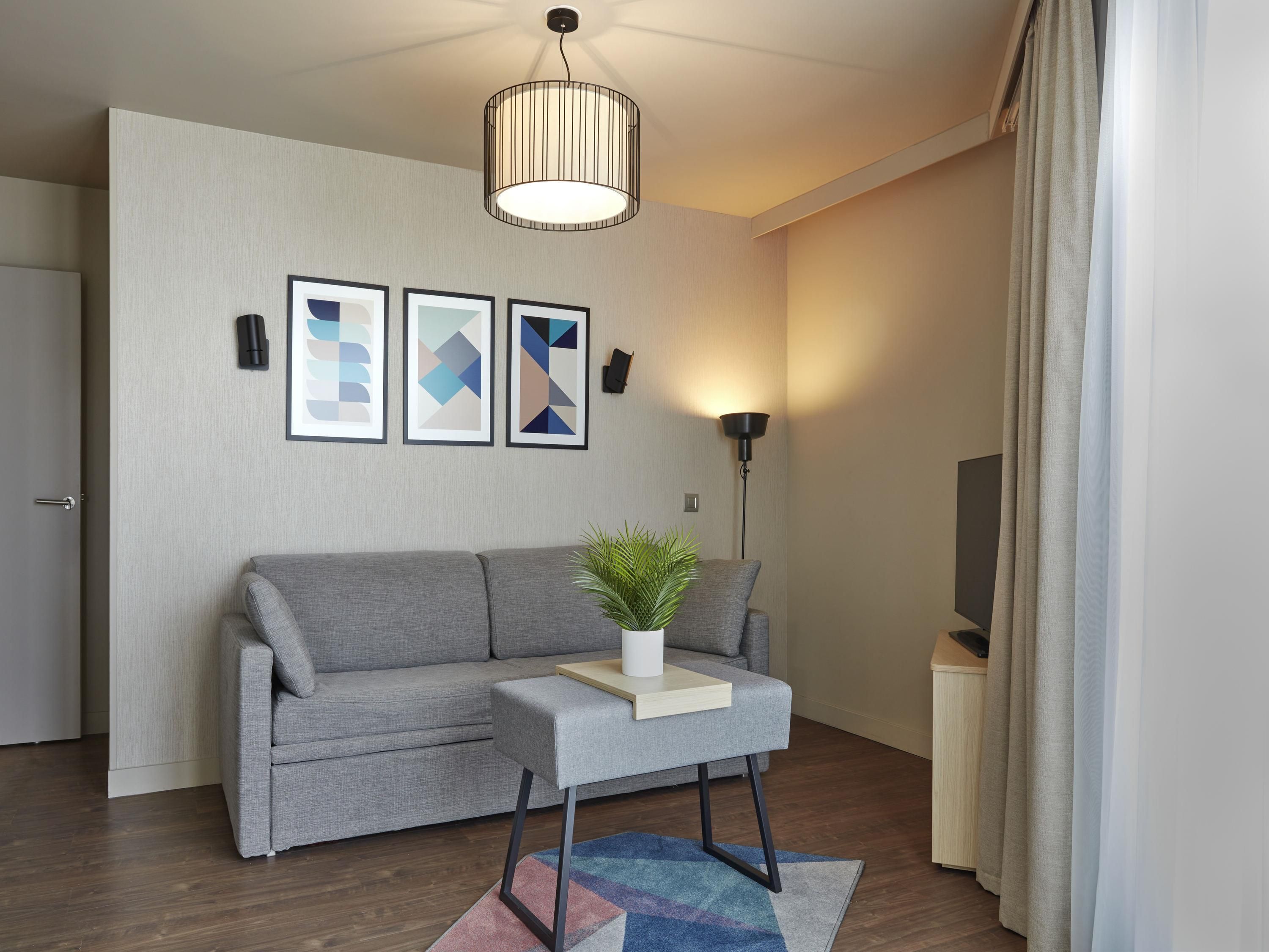A modern living room with a grey sofa, a small table with a plant, a floor lamp, and abstract wall art.