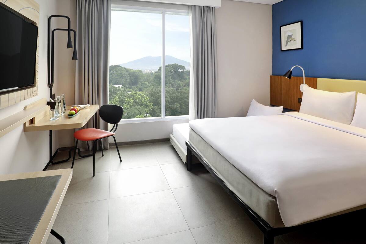 A hotel room with a bed, desk, chair, and a large window with a view of greenery and mountains.