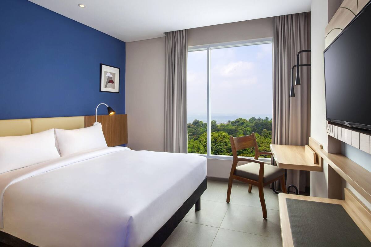 A hotel room with a large bed, a desk, a chair, a TV, and a window with a city view.