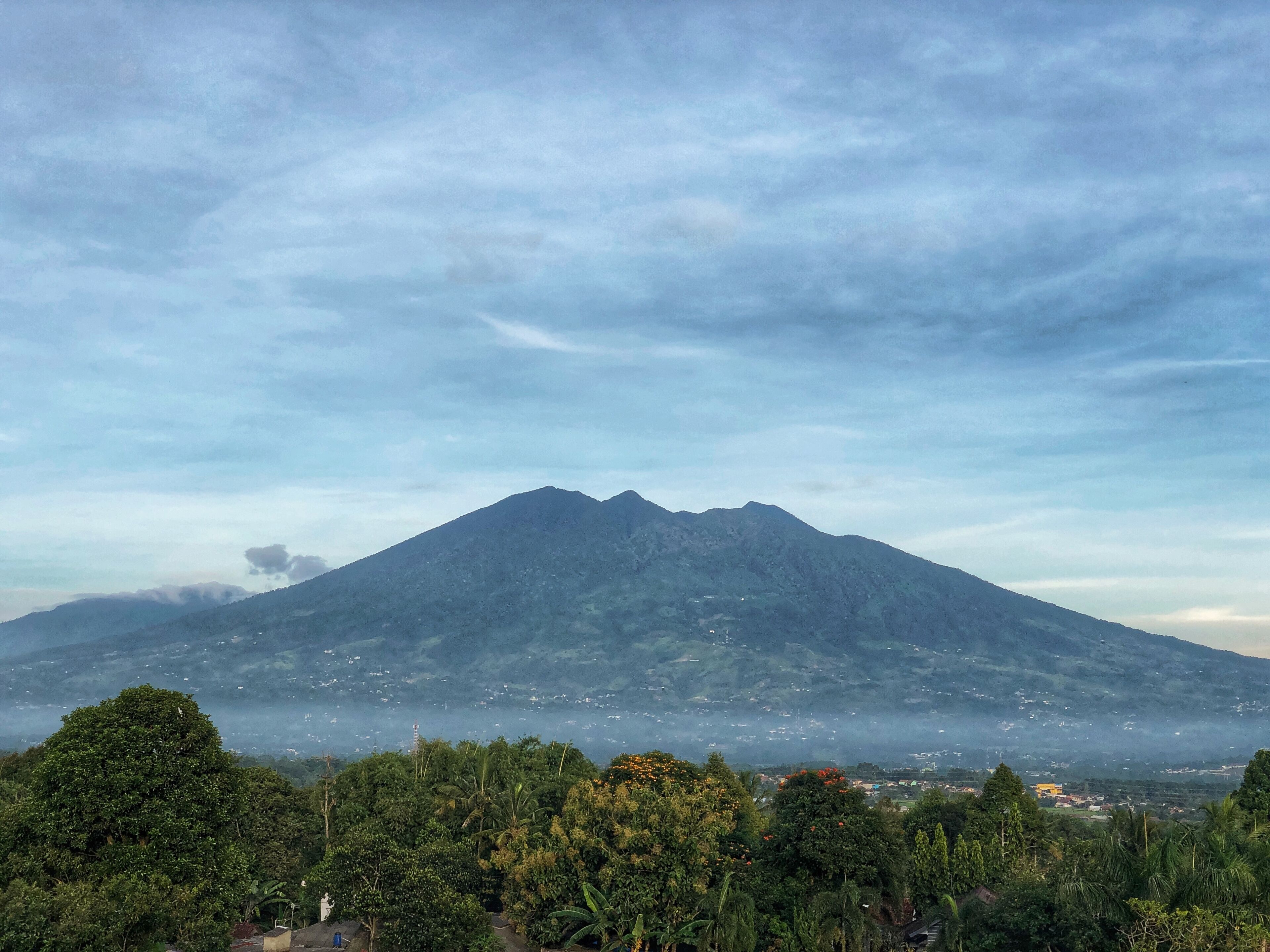 A mountain with a dense forest in the foreground and a town in the midground.