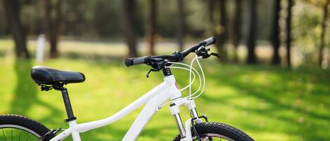 A white bicycle with a black seat and handlebars, parked on a grassy area with trees in the background.