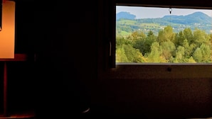Une fenêtre donnant sur une forêt et des montagnes.