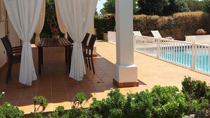 A covered patio with a pool, outdoor furniture, and greenery.