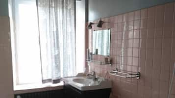 Combined shower/tub, hair dryer, soap, toilet paper