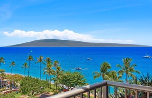 Enjoy breathtaking ocean views from this beachfront balcony, surrounded by palm trees and the distant mountains.