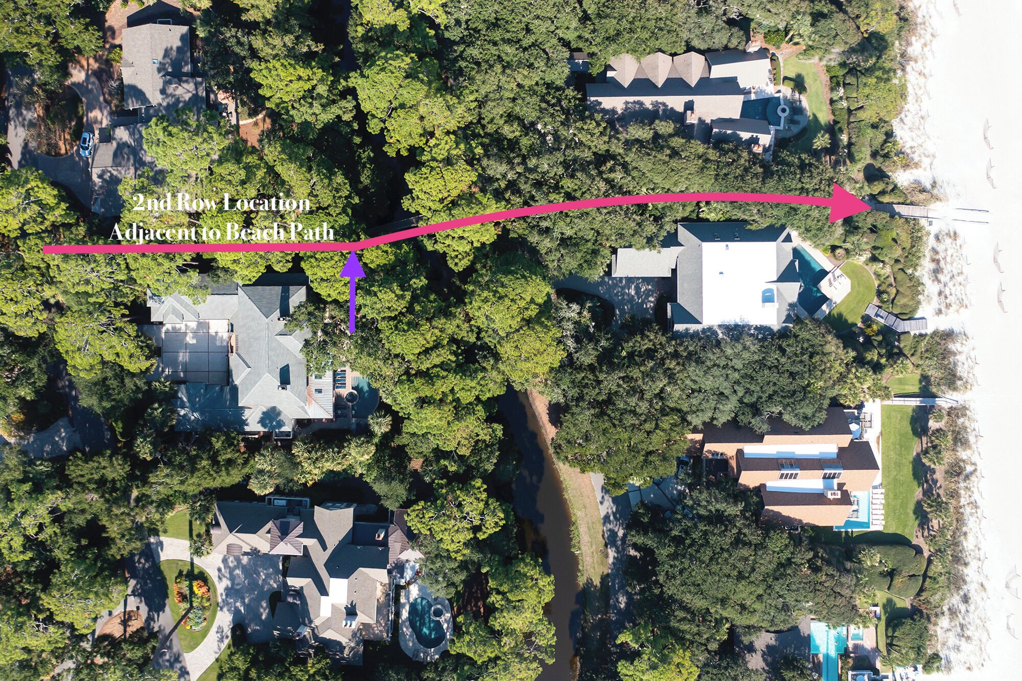 An aerial view of a residential area with multiple houses, a swimming pool, and a path leading to a beach.