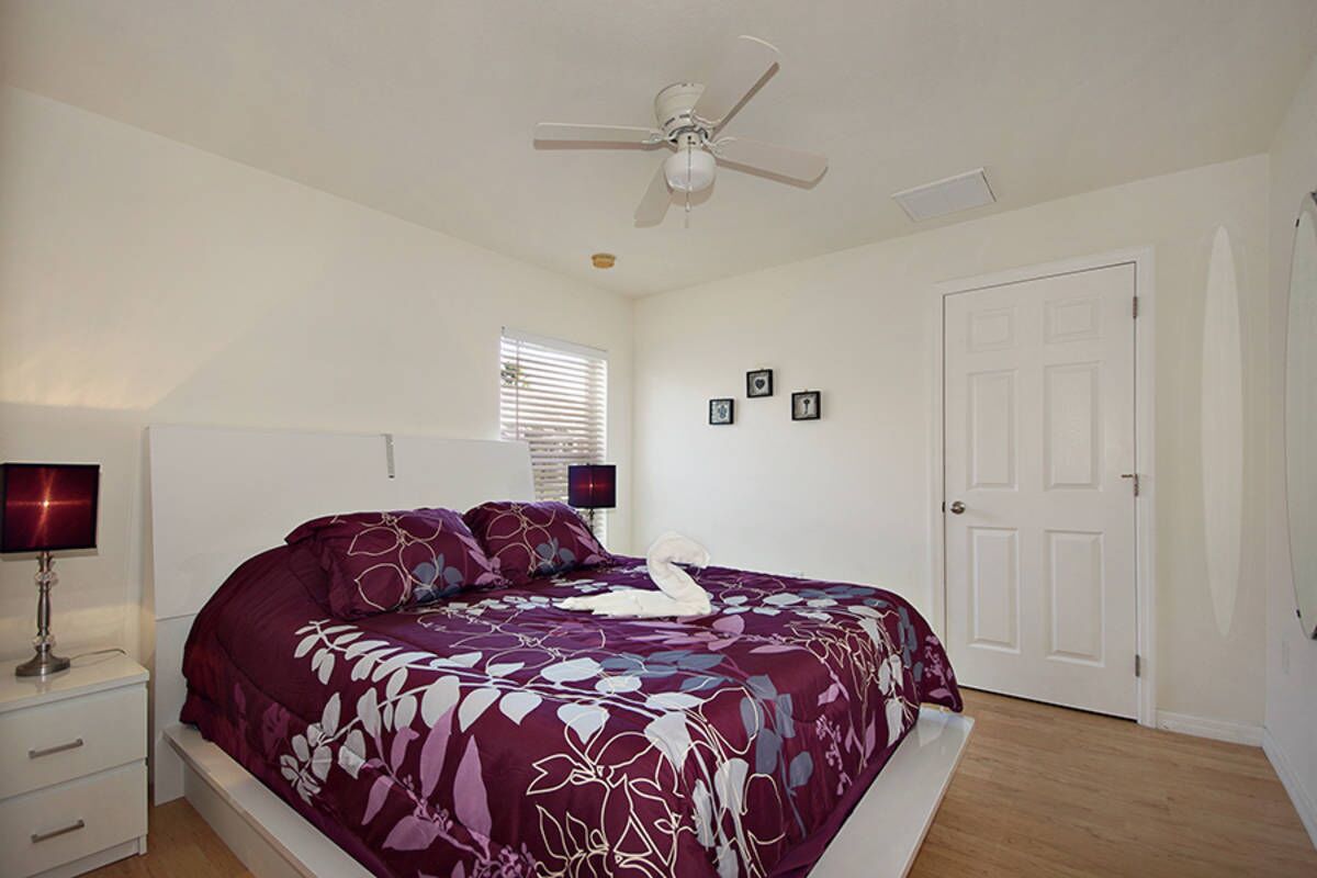A bedroom with a bed, a ceiling fan, a nightstand, a lamp, a window with blinds, and a door.