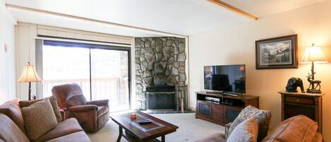 Televisión, chimenea y estéreo