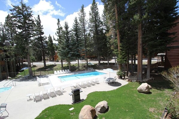 Relax by the pool surrounded by lush greenery and tall pine trees, with lounge chairs and umbrellas for a comfortable stay.