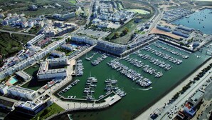 An aerial view of a marina with numerous boats docked, surrounded by residential buildings and a beach in the background. - Spacious Marina Apartment lovely balcony view, near to pool, WiFi & UK Tv (Lagos)