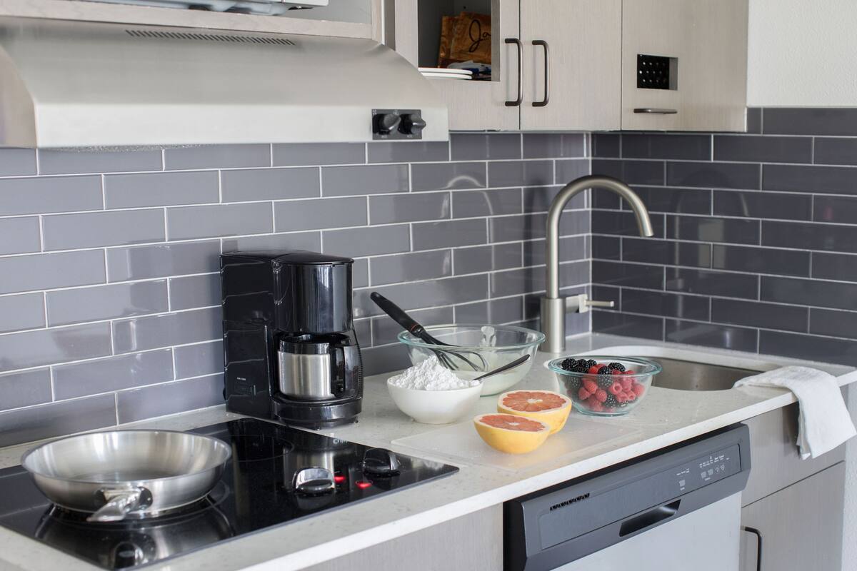 mini-fridge, microwave, coffee/tea maker, kitchen islands