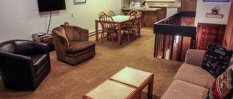 Télévision, cheminée, lecteur de DVD, chaîne hi-fi