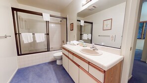 Shower, hair dryer, towels