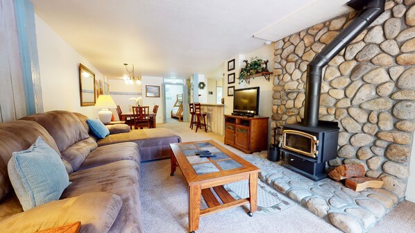 Télévision, cheminée, lecteur de DVD